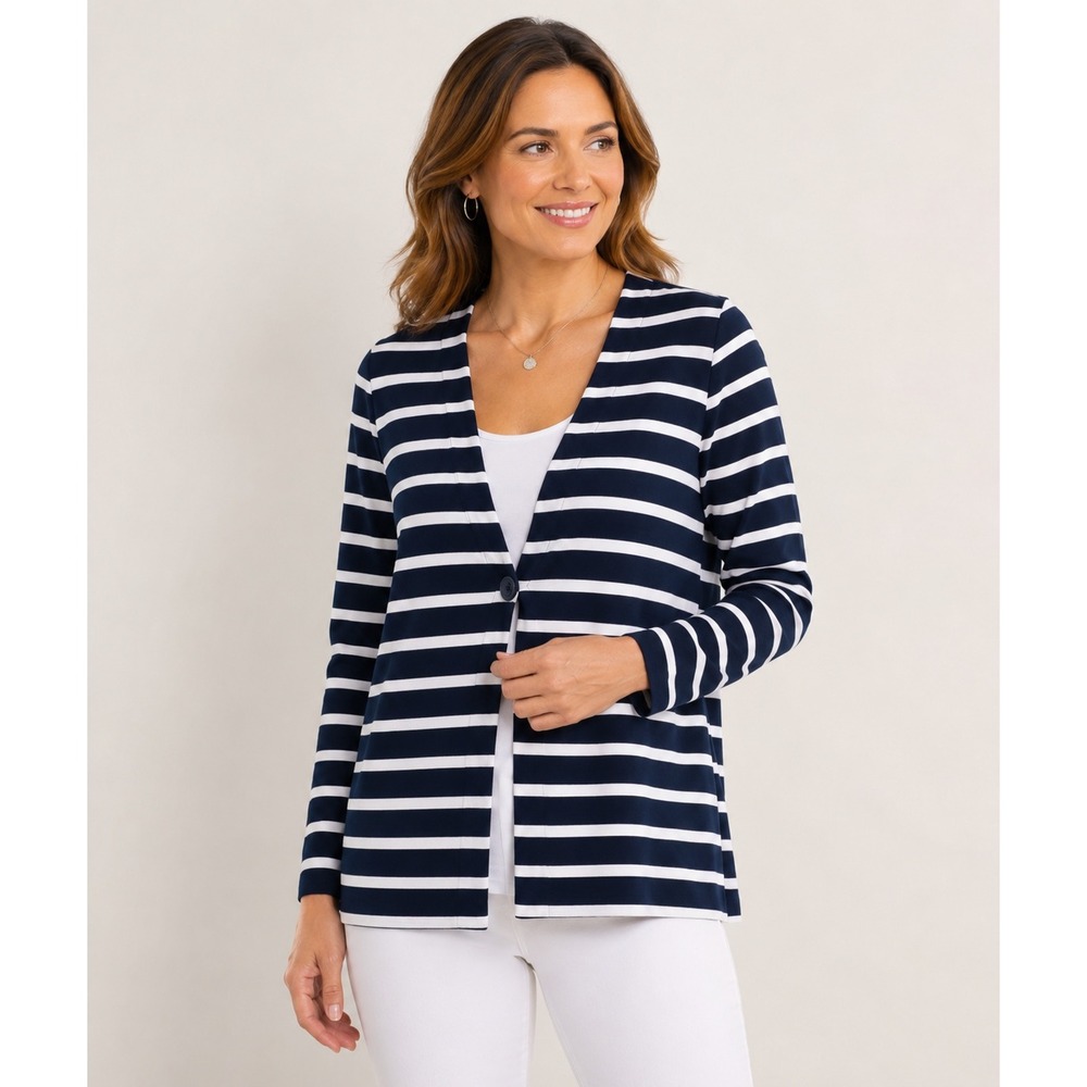 J. Jill Wearever Navy Blue White‎ Striped Longline Cardigan Blazer Button Medium
